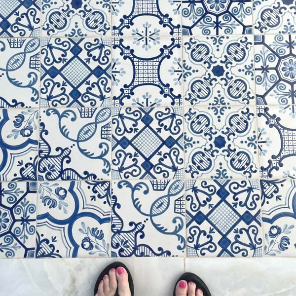 Blue and white hand-painted ceramic tiles