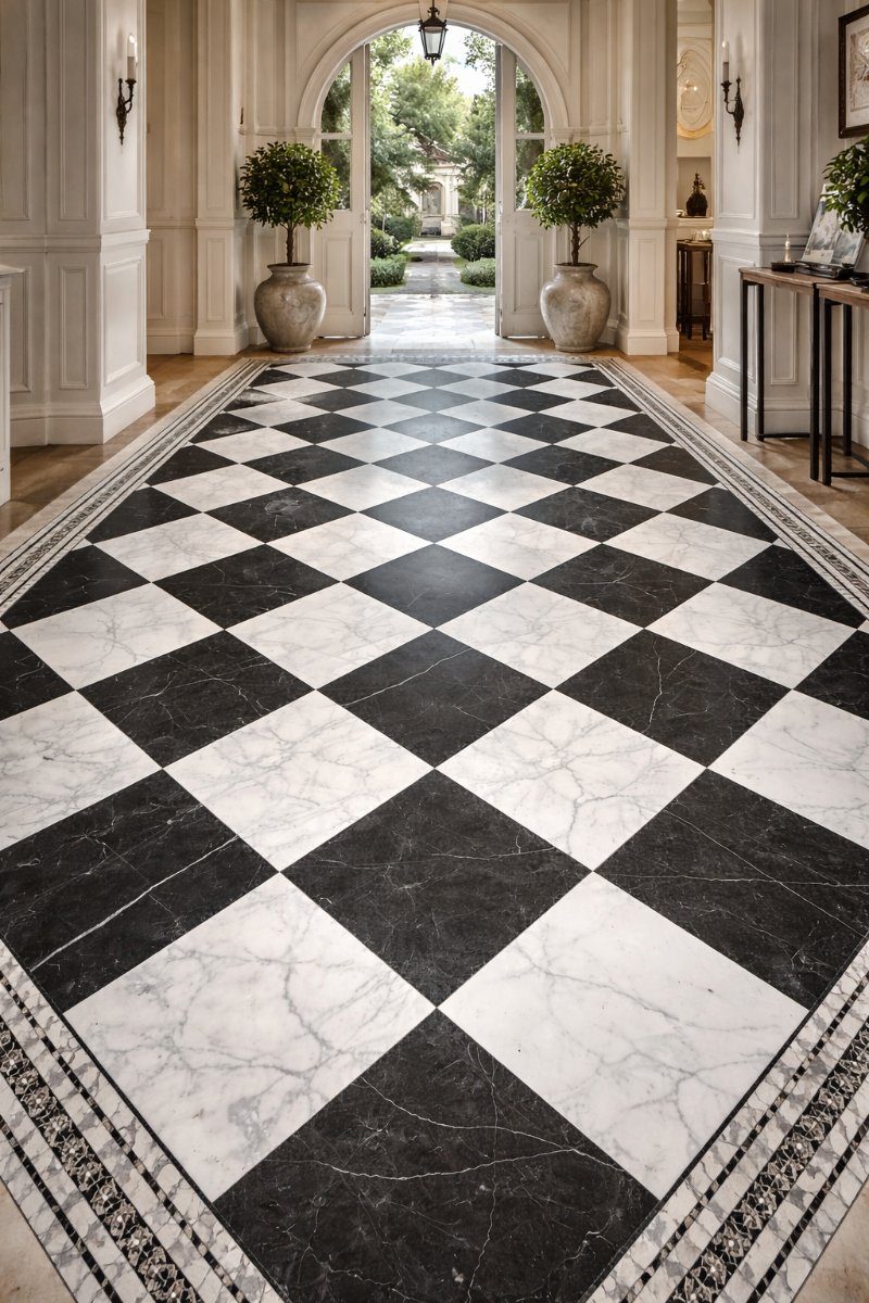 Tumbled Carrara and Nero Marquina Checkerboard Pattern 12x12 | Na