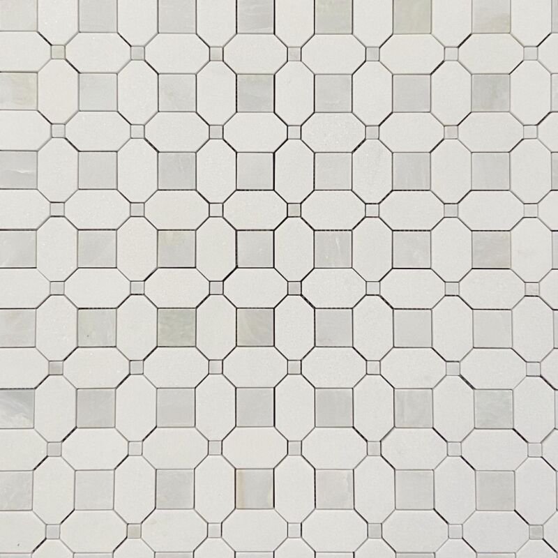 Thassos Octagon with White Onyx Square and Dot | Mosaic Tile | Be