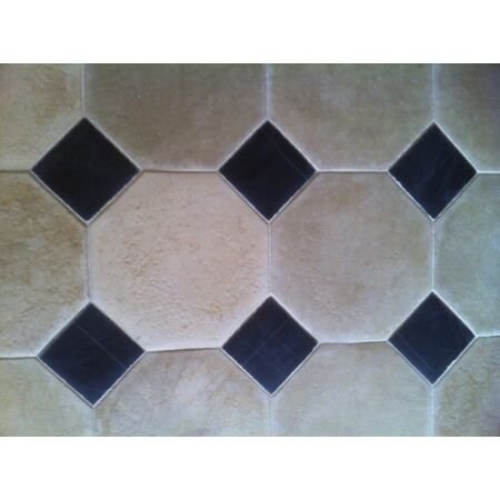 Antiqued Octagon and Dot Pattern Beige Limestone with Black Marble Cabochons 12x12