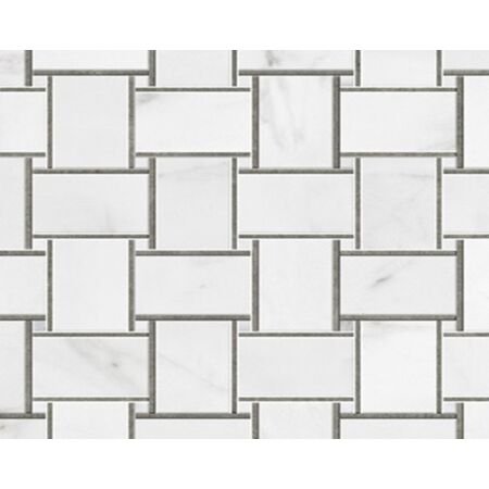 Calacatta Large Basketweave Mosaic with tight joints and Grey Foussana Line Polished