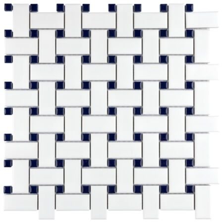 Colonial Matte White and Cobalt Dot Basketweave Porcelain Mosaic