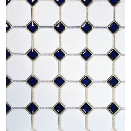 Pro Matte White Octagon and Cobalt Blue Dot Porcelain Mosaic