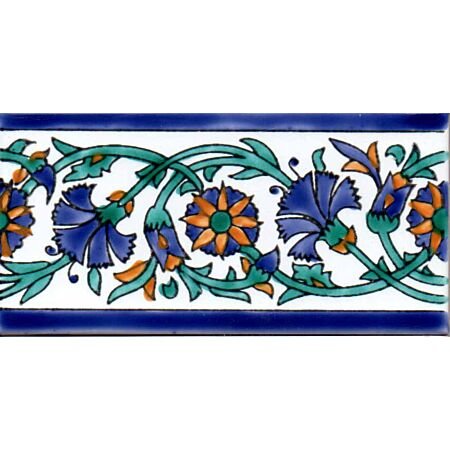 Tunisian Artisanale Blue Tulips Border Hand painted Tile 3x6