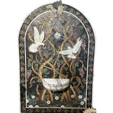 Marble Mosaic Fountain Panel with Marble Bird Sculptures