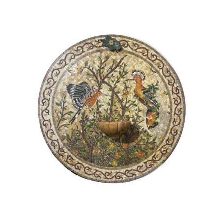 Marble Mosaic Fountain Panel with Marble Bird Sculptures in Giallo Antico