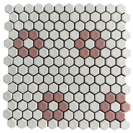 Victorian Restoration Glossy Rose Pink 3/4 Hexagon Flower with White Field Porcelain Mosaic
