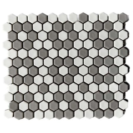 Victorian Restoration Glossy Grey 3/4 Hexagon Rosette with White Field Porcelain Mosaic