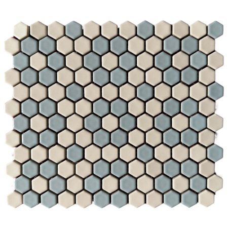 Victorian Restoration Glossy Light Blue 3/4 Hexagon Rosette with White Field Porcelain Mosaic