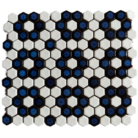 Victorian Restoration Glossy Cobalt Blue 3/4 Hexagon Rosette with White Field Porcelain Mosaic