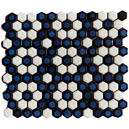 Victorian Restoration Glossy White 3/4 Hexagon Rosette with Cobalt Blue Field Porcelain Mosaic