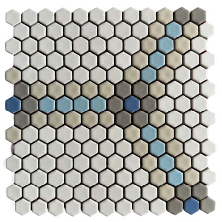 Victorian Restoration Large Honeycomb 3/4 Hexagon with Grey Flowers and Light Blue Border Porcelain Mosaic