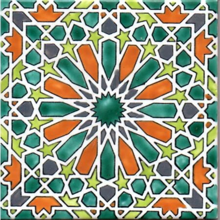 Tunisian Artisanale Moroccan Green and Orange 6x6 Ceramic Tile 