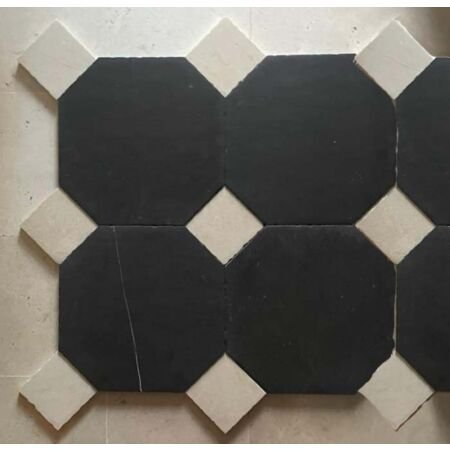 Antiqued Octagon and Dot Pattern Black Marble with Beige Cabochons 12x12