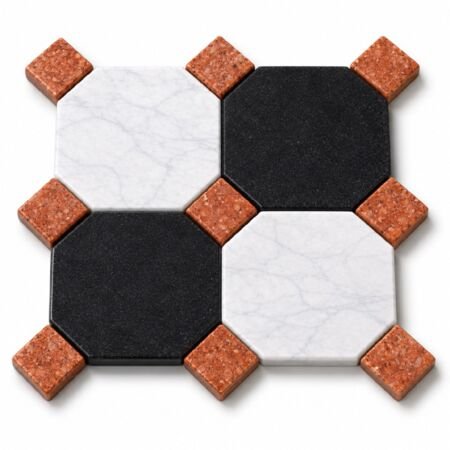 Antiqued Octagon and Dot Pattern Carrara and Black Marble with Red Marble Cabochons 12x12