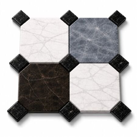 Antiqued Octagon and Dot Pattern Carrara Bardiglio and Black Marble with Marble Cabochons 12x12