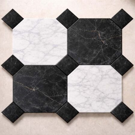 Antiqued Octagon and Dot Pattern White Carrara and Black Marble with Cabochons 12x12