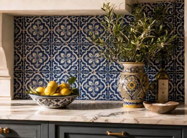 Hand painted lavastone tile outdoor kitchen backsplash