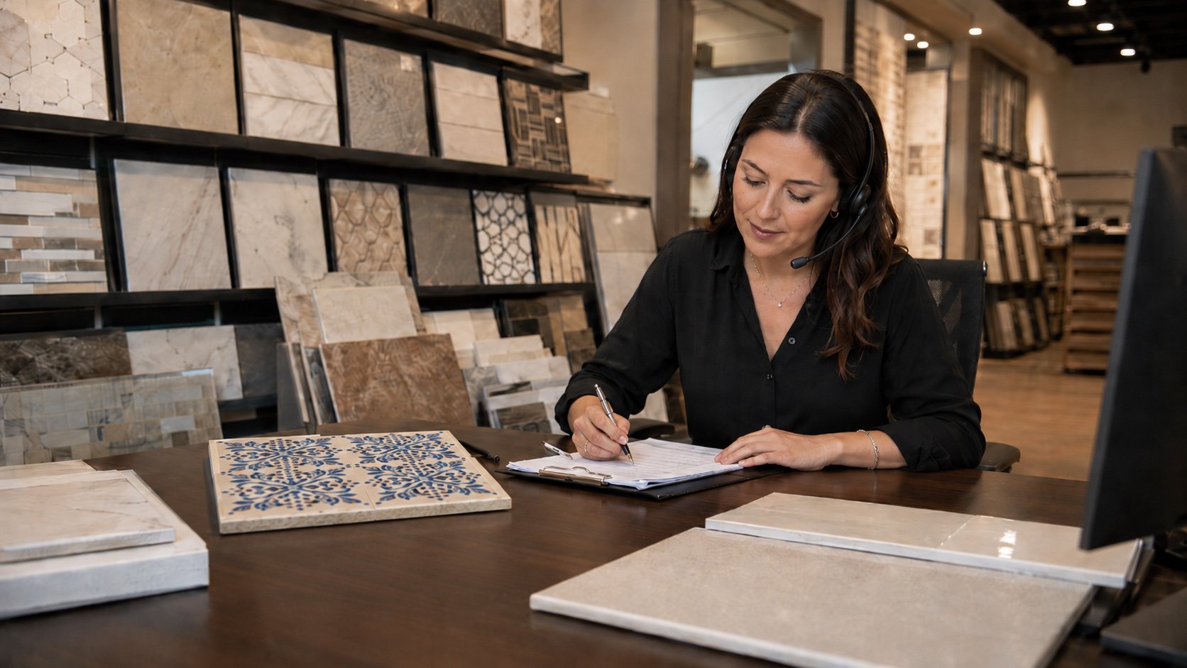 Customer service representative assisting clients in a tile showroom