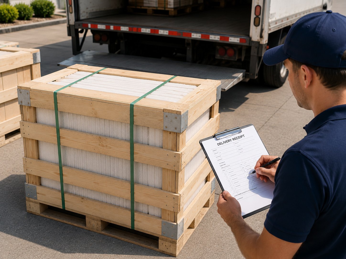 Decorative tiles packed securely inside a shipping crate