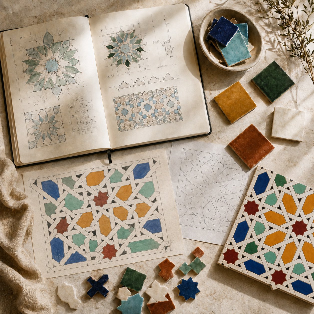 Custom zellige and handcut mosaic design board with sketches and material samples