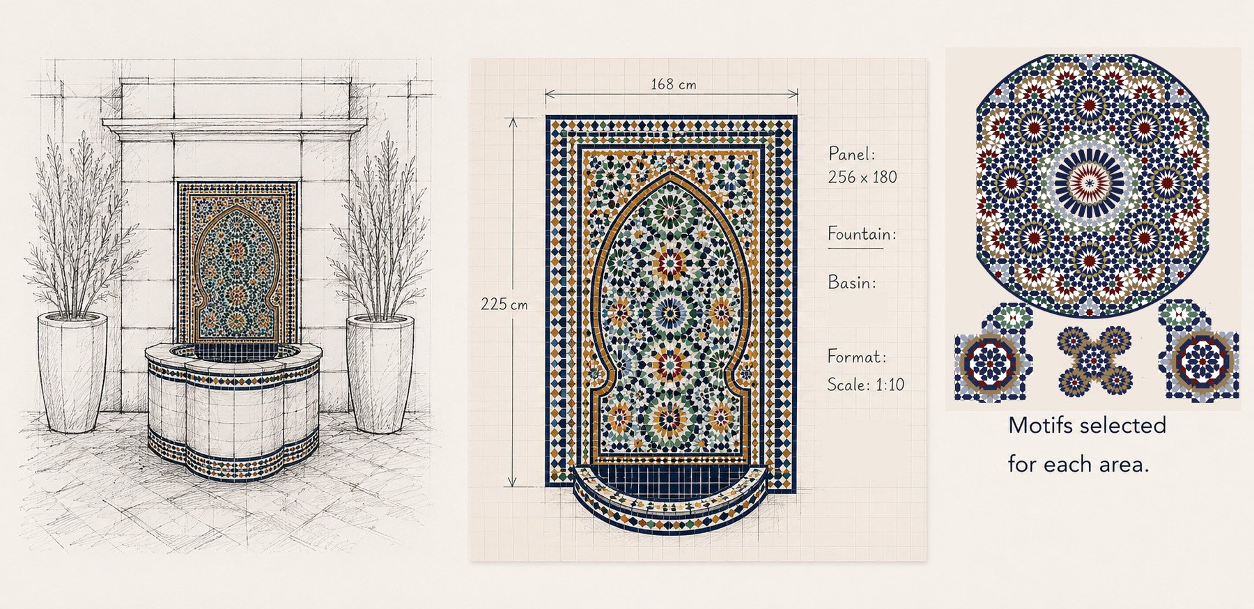 Scaled custom zellige fountain drawing with measurements
