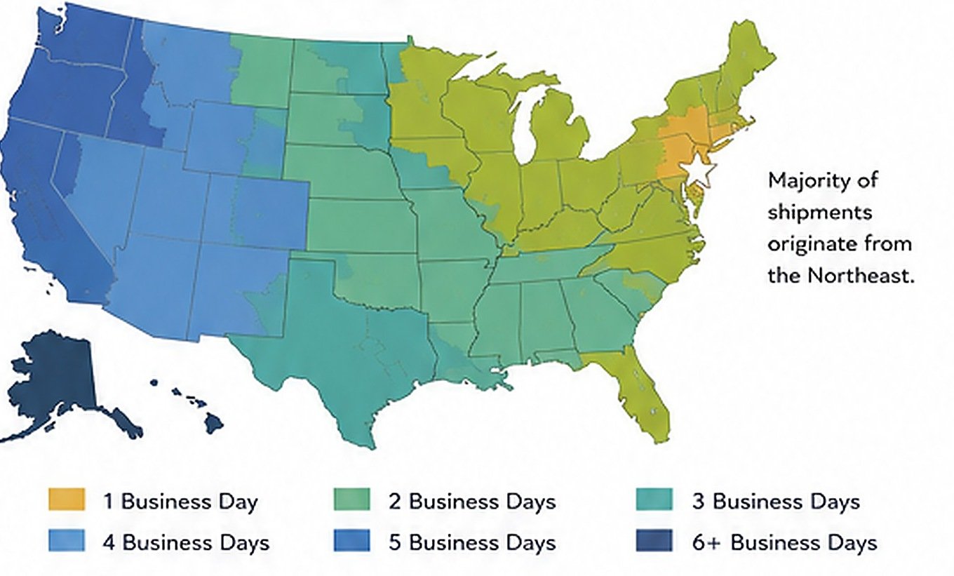 Estimated United States ground transit times, with shorter estimates in the Northeast and longer estimates toward the West