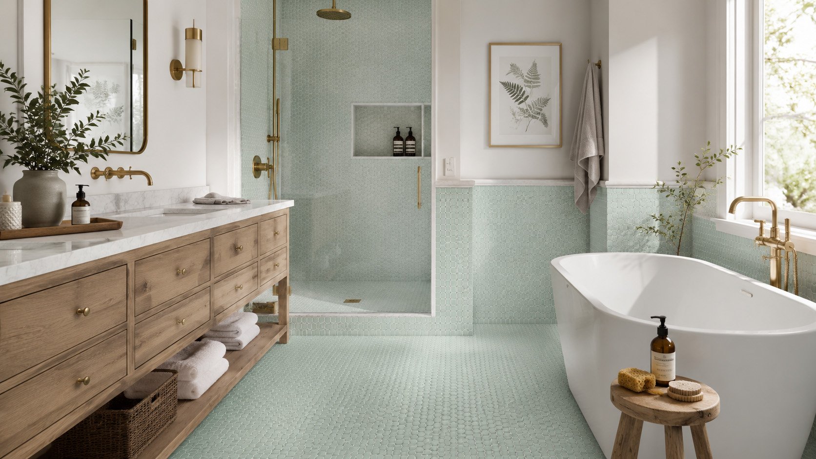 Glazed porcelain mosaic tile in a bathroom shower and floor installation