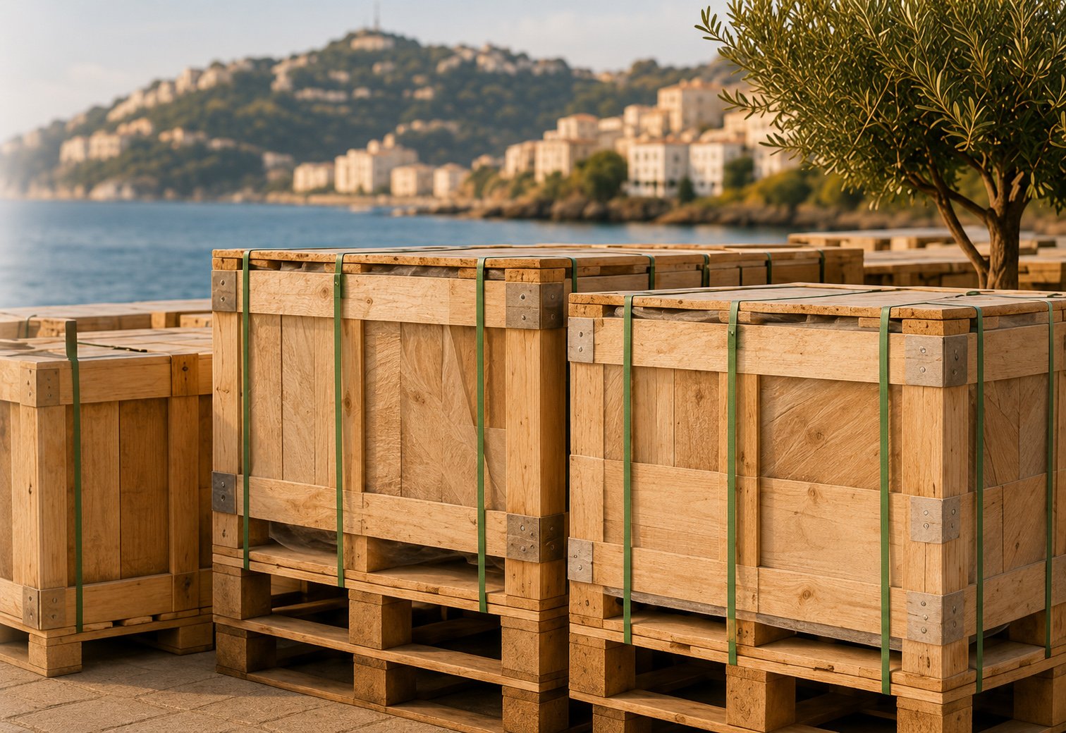 Wooden export crates prepared for international tile shipping