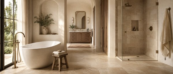Limestone tile bathroom with shower and freestanding tub