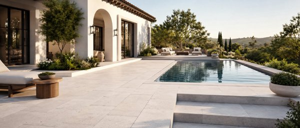 Limestone terrace connecting indoor and outdoor spaces