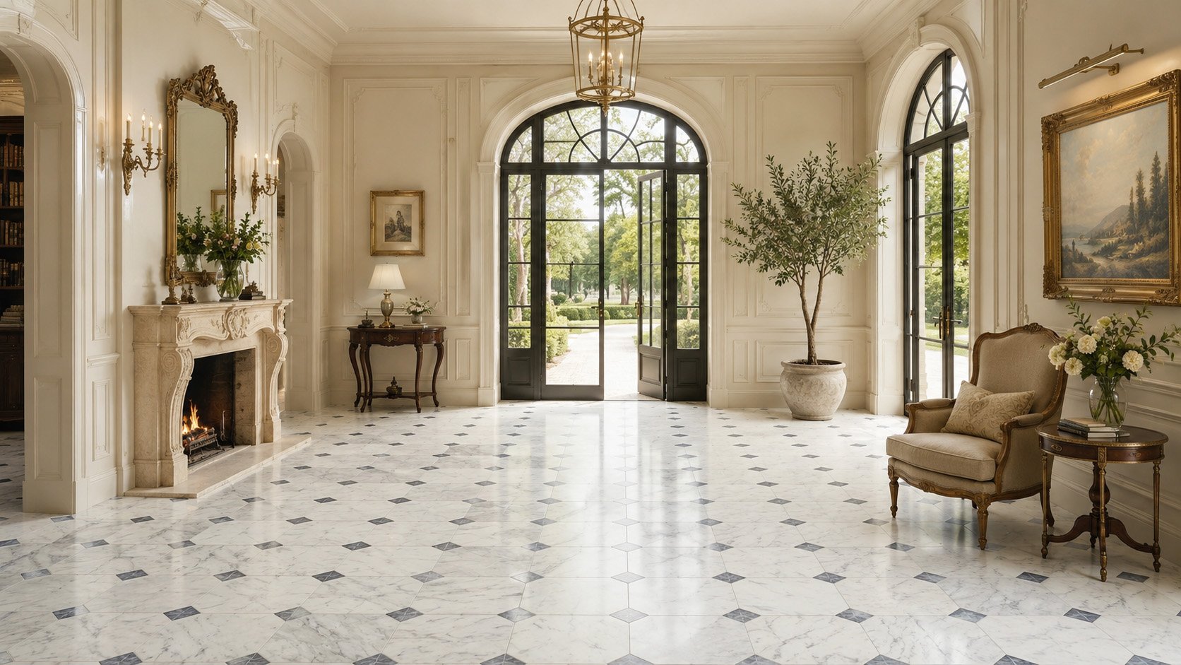 Elegant marble tile floor in a classic interior