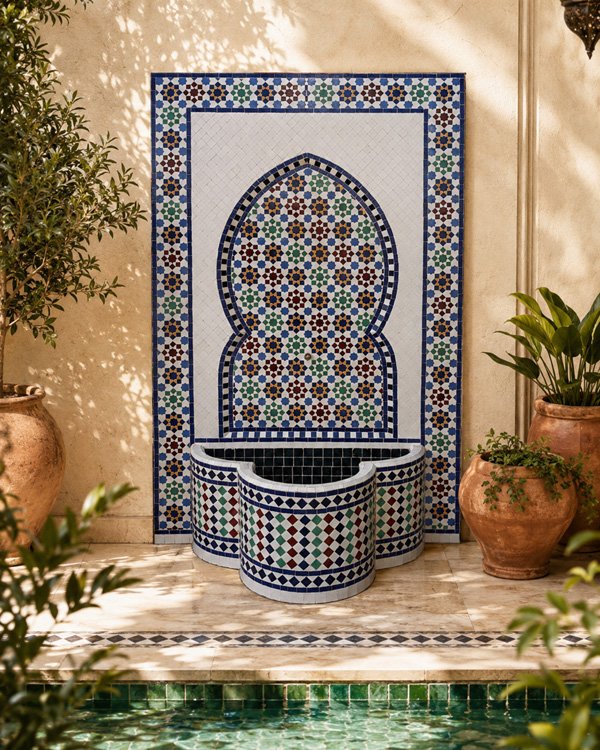 Blue and white Moroccan fountain with handcrafted zellige tiles