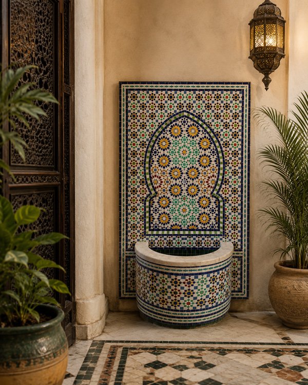 Custom Moroccan courtyard fountain with zellige mosaic pattern
