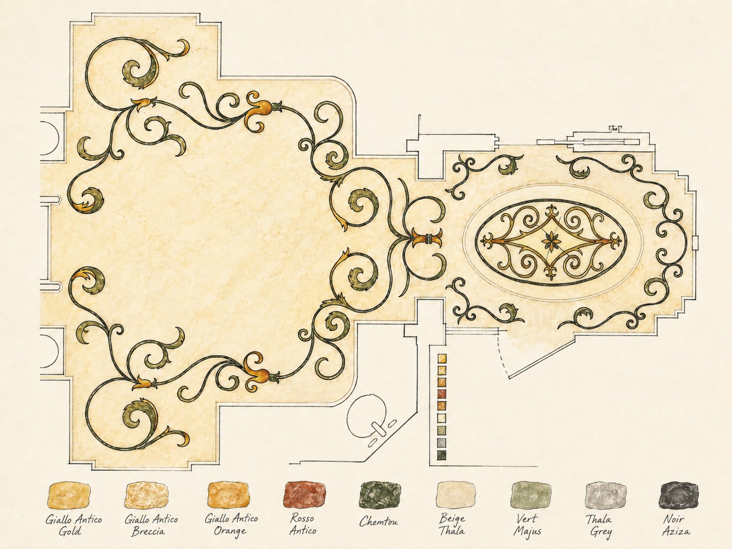 Custom handcut mosaic floor rendering