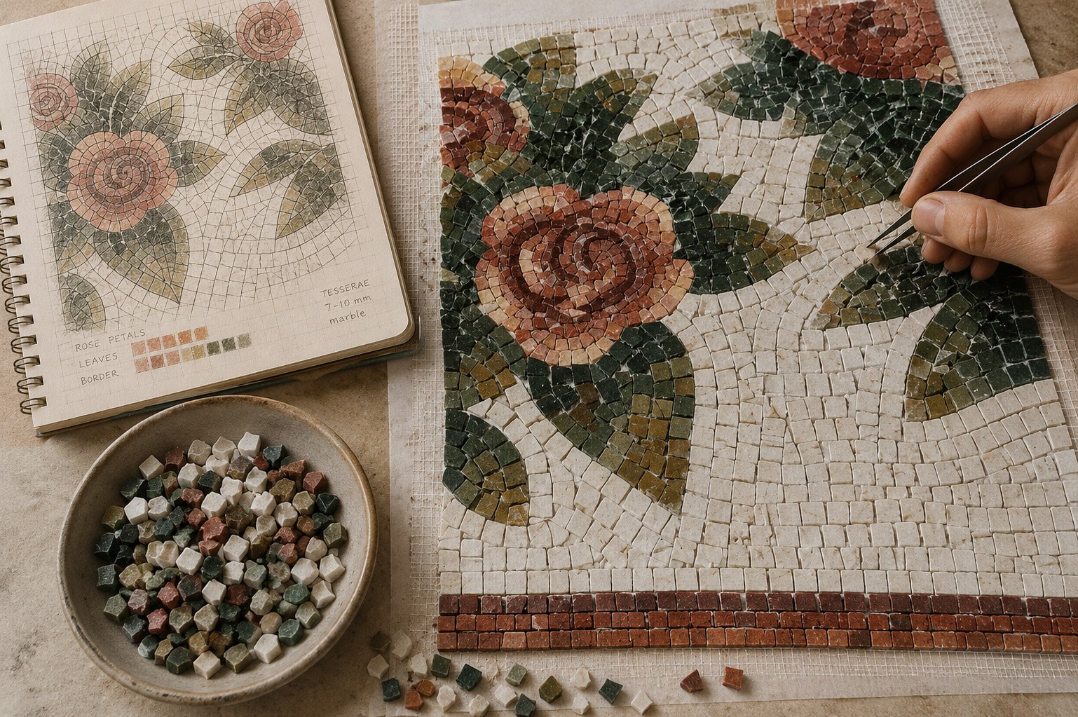 Handcut mosaic production by artisans