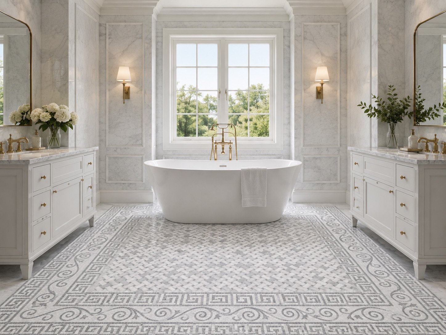 Decorative marble and stone mosaic tile floor