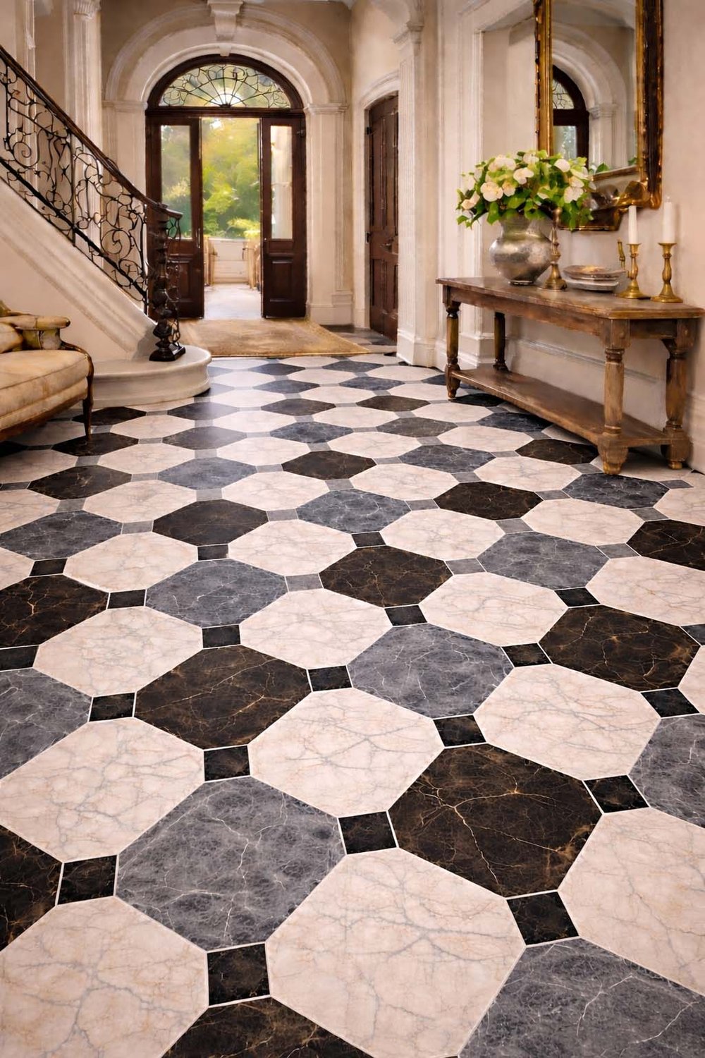 Marble octagon and dot tile floor