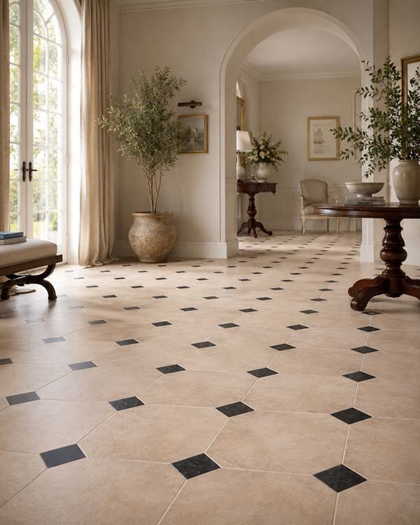 Limestone octagon and cabochon floor pattern