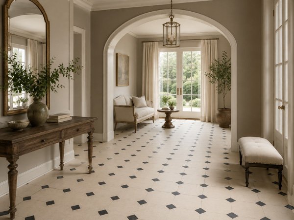 Portuguese limestone floor in a soft neutral room