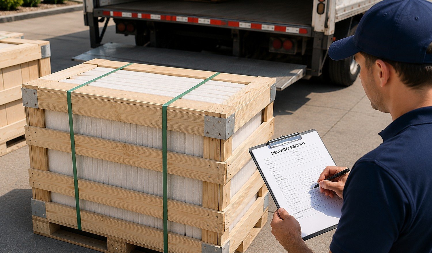 Recipient reviewing an intact crated shipment and delivery receipt beside a freight truck