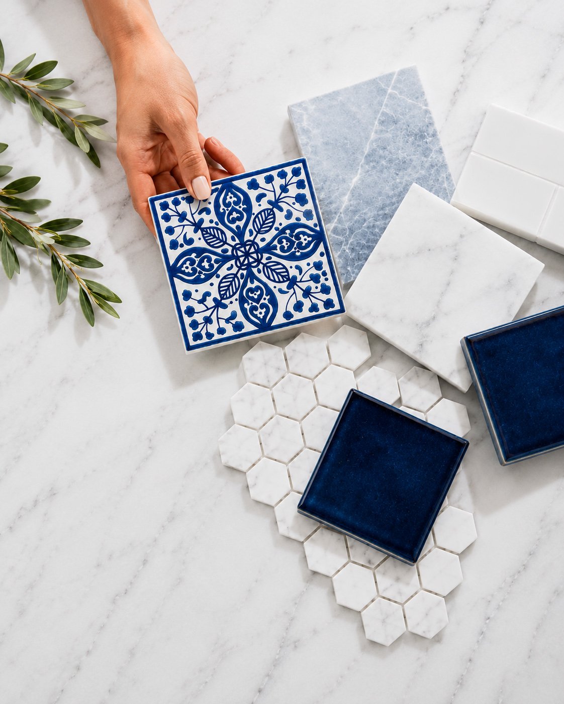 Tile showroom with organized stone, ceramic and decorative samples