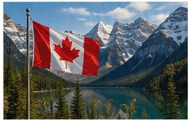 Canadian flag in a mountain landscape