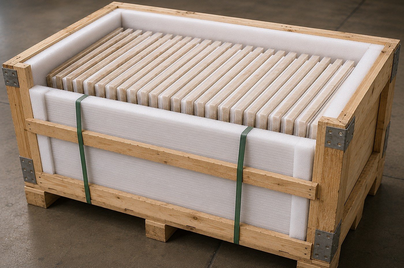 Stone tiles packed vertically and tightly inside a foam-lined wooden shipping crate