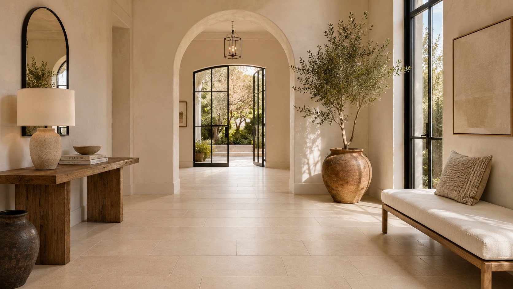 Elegant limestone tile floor in a warm Mediterranean interior
