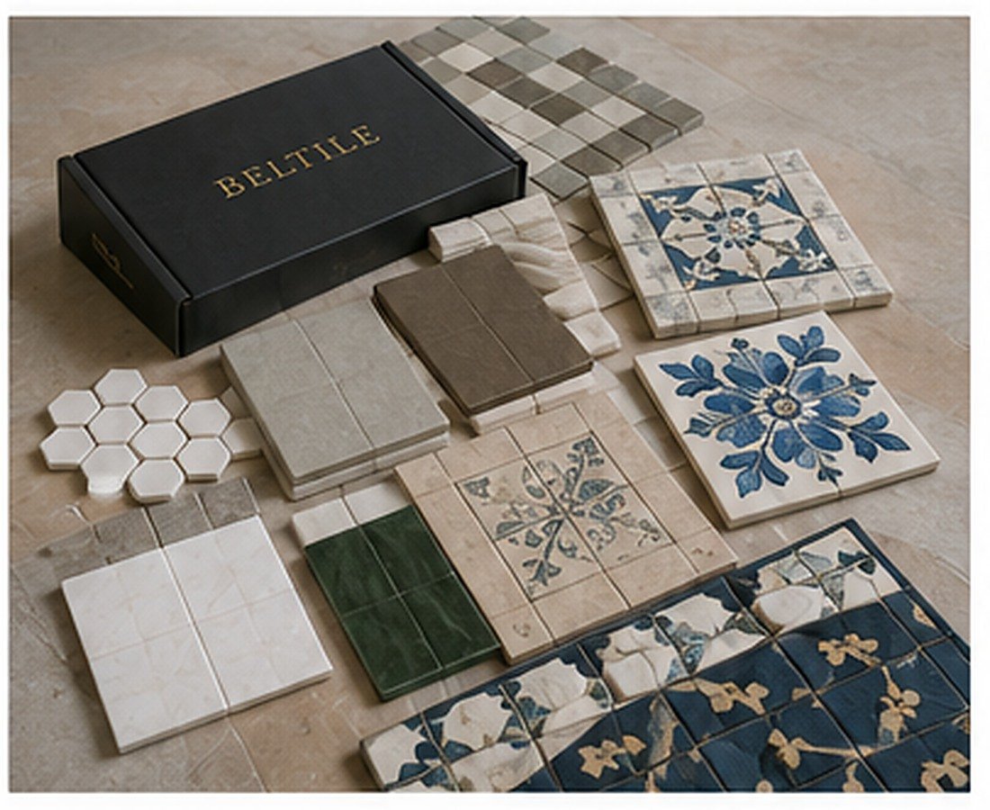Selection of ceramic, stone and mosaic tile samples
