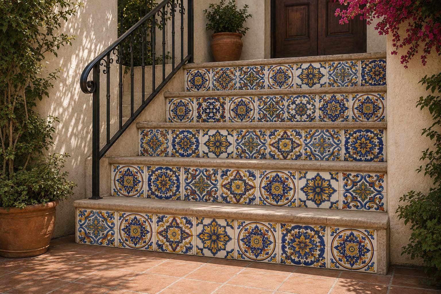Outdoor stair risers with frost resistant hand painted tiles