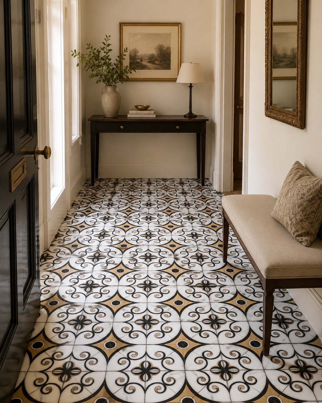Waterjet tiles in an entryway
